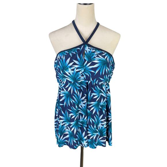 Coastal Blue Plus Tropical Botanical Print Open Back Tankini Swimsuit Top - Picture 1 of 8